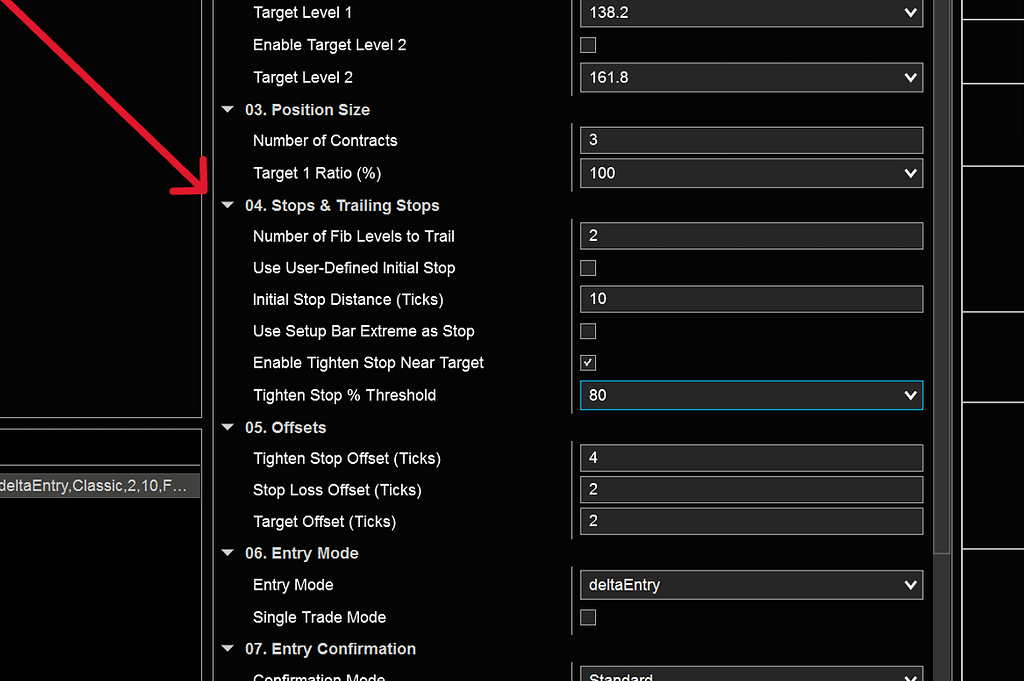 Stops and Trailing Stop Section